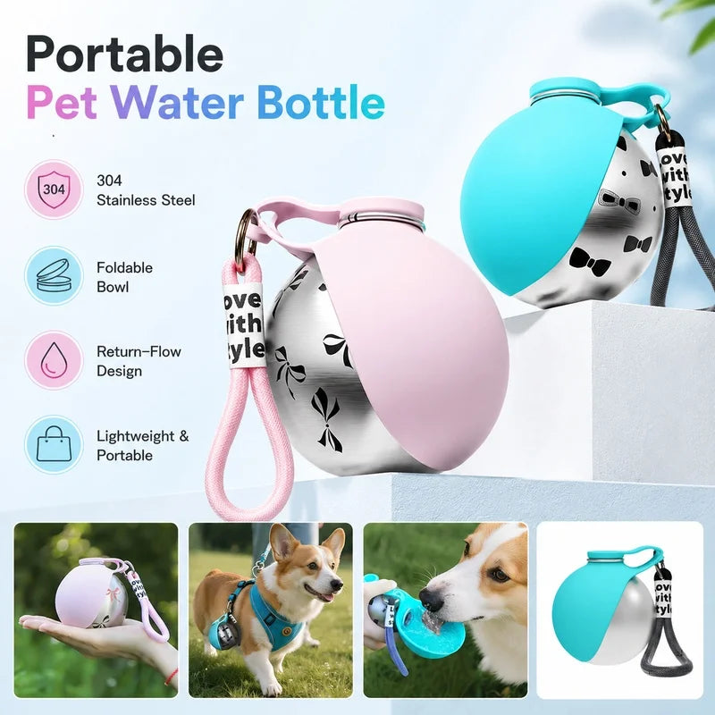 Portable Dog Water Bottle, 304 Stainless Steel Pet Drinking Bottle with Hook & Leak Proof Ball Valve for Walking Travel