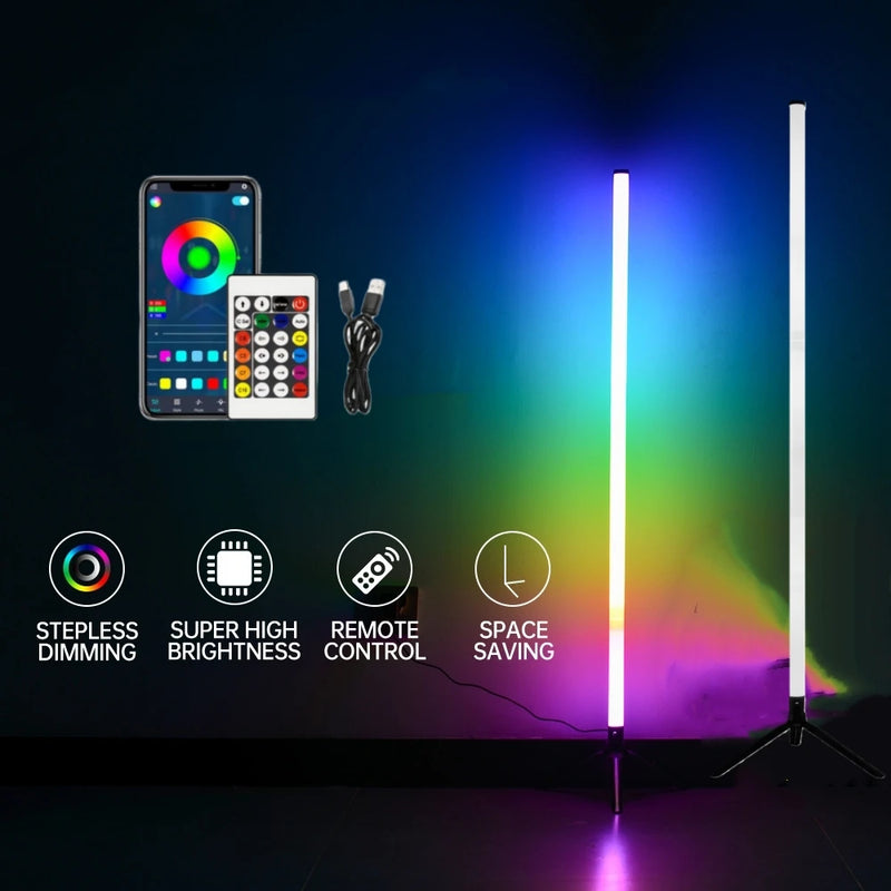 RGBIC Corner Floor Lamp – 360° Color Changing, Dimmable, Bluetooth App & Remote Control for Living Room & Bedroom