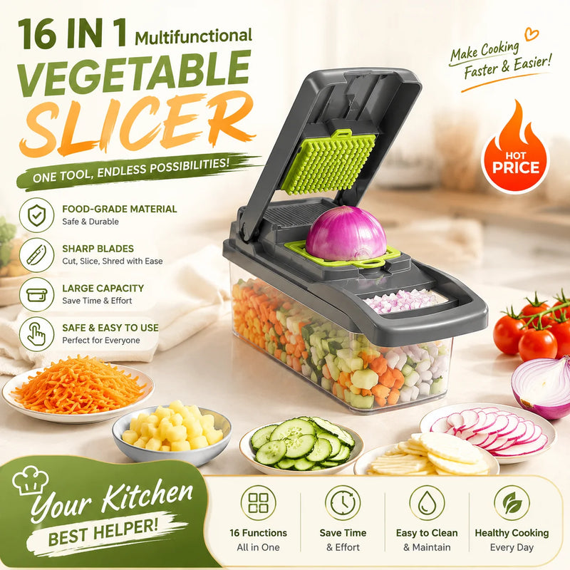 16 in 1 Multifunctional Vegetable Slicer Mandoline Cutter Food Chopper Grater with Container for Kitchen Onion Salad Potato